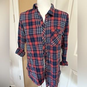 J.Jill Denim Women's Red Blue Cotton Button Up Long Long Sleeve Plaid Shirt